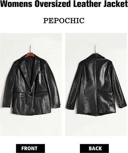 Vista 5 de Pepochic Womens Oversized Leather Jacket Long Sleeve Faux Leather Blazer Lapel Button Down Leather Shacket Coat with Pockets