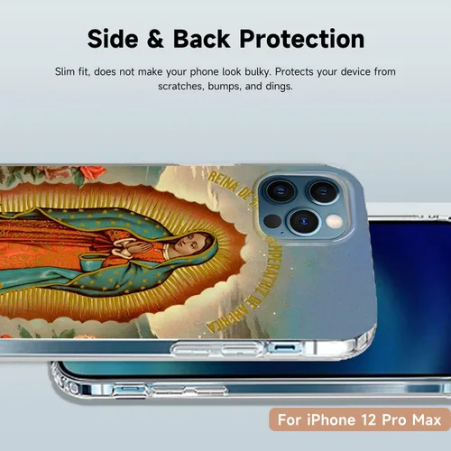 Vista 5 de Funda transparente adecuada para iPhone 12 Pro Max con patrón católico de la Virgen María de Guadalupe de cuatro esquinas, reforzada, a prueba