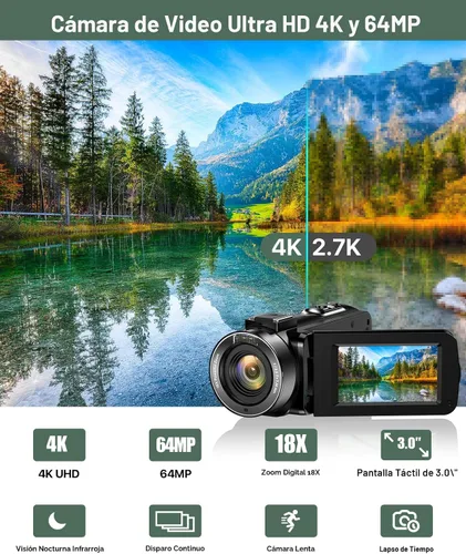 Vista 2 de Videocámara 4K 64MP para vlogging, cámara para YouTube, pantalla táctil de 3.0", zoom digital de 18 aumentos, visión nocturna IR con micrófono
