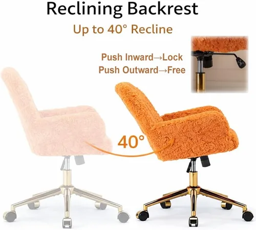 Vista 6 de Silla de tocador de piel sintética, silla de escritorio giratoria ajustable con ruedas y base dorada, cómoda silla ancha de maquillaje mullida