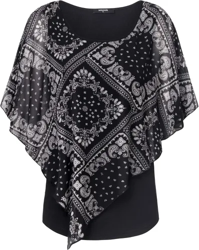 Vista 3 de Lotusmile - Blusa ligera con estampado, escalonada, de doble capa, de chifón tipo poncho, para mujer