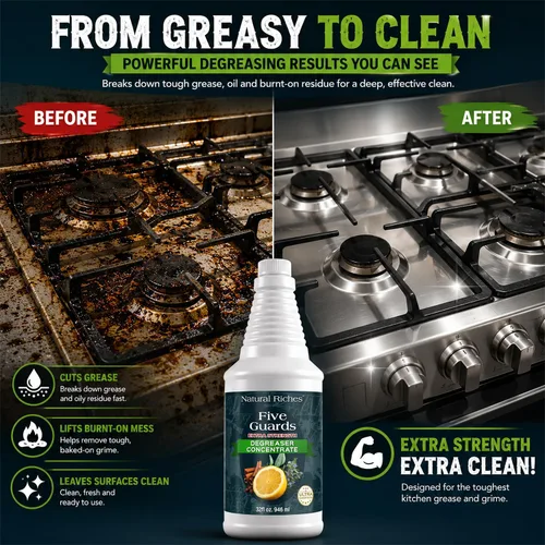 Vista 6 de Natural Riches Five Guards Degreaser Concentrate Makes Up to 64 Gallons, Essential Oil Blend Formula, Multi-Surface Cleaner for Kitchen, Cookware