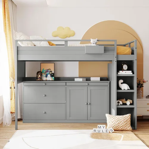 Vista 13 de RUNNA Cama tipo loft moderna de madera con armario y escritorio Cama loft espresso+Gabinete +Escritorio