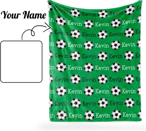 Vista 6 de Manta de fútbol personalizada con nombre, mantas personalizadas suaves para deportes de fútbol, mantas de cama verde, regalo personalizado