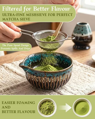Vista 4 de Matcha Whisk Set, Ceramic Tea Kit Includes Bowl Blue