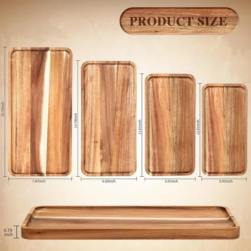 Vista 2 de Leinuosen Juego de 4 platos de madera de acacia para servir de madera maciza, tableros rectangulares de charcutería, platos de madera