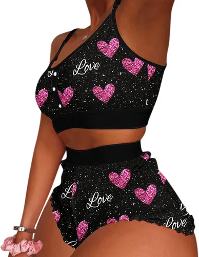 Vista 6 de XINSHIDE Pijama de San Valentín para mujer, suave estampado de corazón, camisola y pantalones cortos, conjunto de dos piezas con volantes, ropa