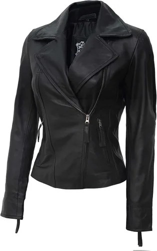 Vista 2 de Blingsoul Chaqueta de cuero marrón para mujer, chaquetas asimétricas de cuero para mujer