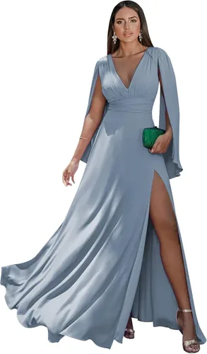Vista 12 de Women's Long Sleeve Bridesmaid Dresses V-Neck Chiffon Ruched Formal Dress Evening Gown with Slit