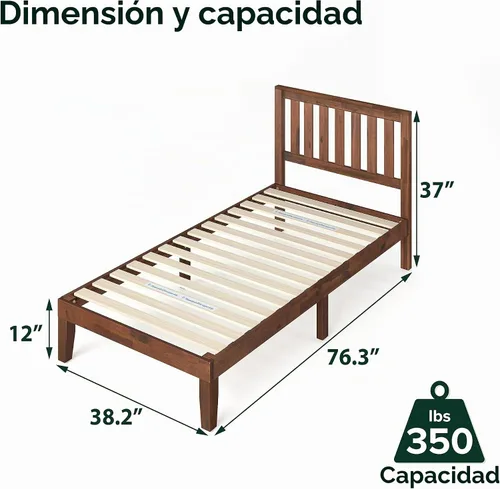Vista 2 de Zinus cama con plataforma de madera maciza con cabecero de 12 pulgadas / Sin necesidad de resorte de caja / Soporte con listón de madera / Acabado