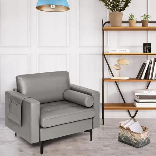 Vista 4 de Giantex Sofá individual, silla decorativa, sillón con cojín cómodo, bolsillos para revistas, sala de estar, silla de ocio tapizada para dormitorio