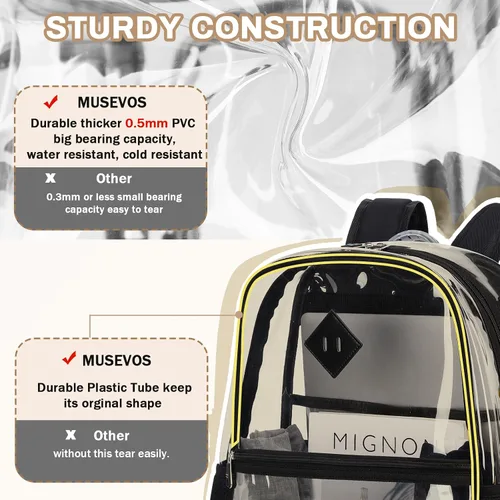 Vista 3 de MUSEVOS Mochila transparente, resistente bolsa de libros transparente para escuela, universidad de PVC transparente aprobado por estadios, Negro