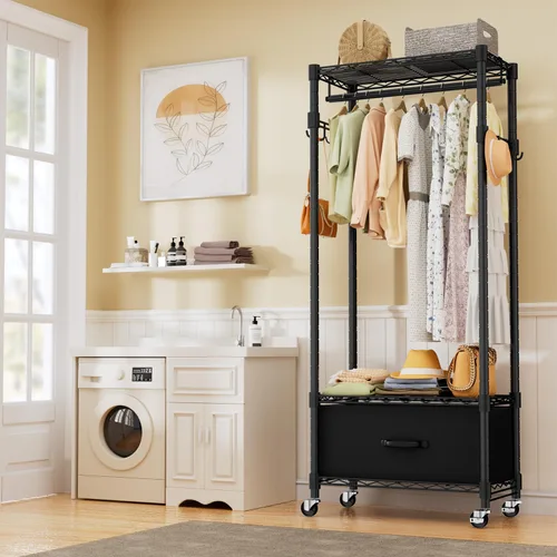 Vista 2 de VyGrow Perchero de Ropa, Perchero de Ropa para Colgar Ropa, Sistema Organizador de Closet Ajustable de 3 Niveles con Cajón Barra para Colgar