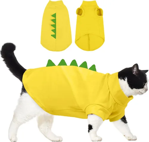 Vista 9 de DENTRUN Sphynx - Camisa de gato con forma de dinosaurio y camiseta de algodón transpirable Bonito disfraz de gato sin pelo, cuello redondo, mangas