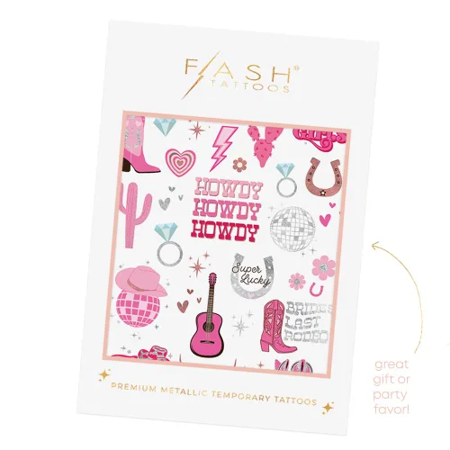 Vista 6 de Flash Tattoos Disco - Tatuajes temporales para niña de vaca 66 tatuajes metálicos Vaquera, decoración de fiesta de Bach, Giddy Up, regalo