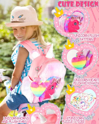 Vista 2 de LSSAGOON Mochila de felpa de unicornio para niñas, bonita bolsa de libro escolar de piel sintética suave, mochilas Kawaii esponjosas para niños.