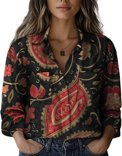 Vista 4 de Summer Tops for Women Lightweight Button Flowy Shirts Boho Long Sleeve Blouses Casual Clothes with Pockets