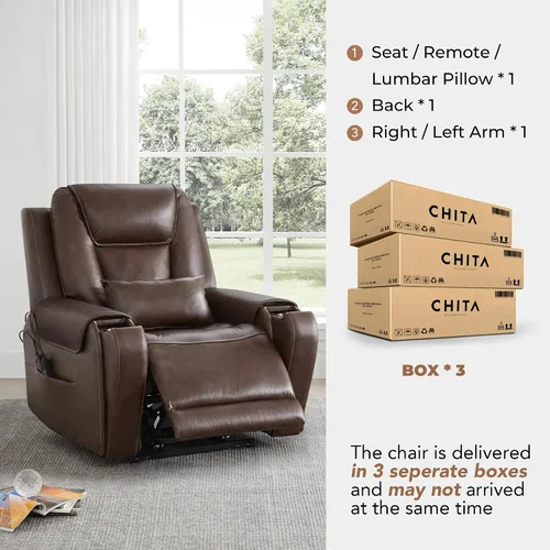 Vista 14 de CHITA Silla reclinable eléctrica para personas mayores con masaje y calor, silla reclinable grande de piel auténtica con soportes para tazas