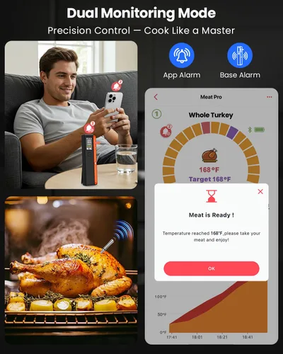 Vista 6 de PROGRACE Termómetro inalámbrico Bluetooth inteligente para carne: base independiente, rango ilimitado WiFi, 6 sensores con precisión certificada