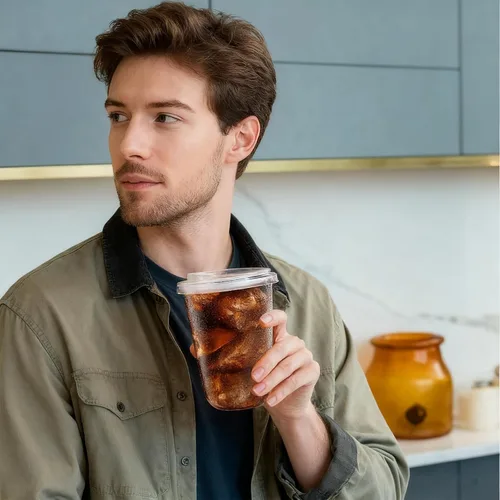 Vista 5 de Paquete de 50 vasos de plástico transparente de 16 onzas con tapas sin pajilla, tazas de café helado con tapas sin pajilla, fondo redondo desechable