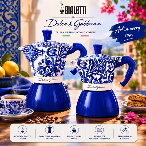 Vista 3 de Bialetti Dolce & Gabbana Mocinduction Blue Mediterraneo 6 tazas de inducción y fuego abierto (máquina de café, café expreso)