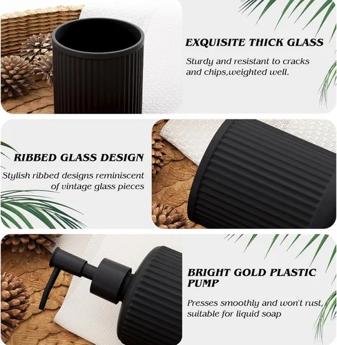Vista 6 de Juego de accesorios de baño de cristal negro, 5 piezas, dispensador de jabón acanalado vintage, soporte para cepillo de dientes, vaso, tarro Qtip