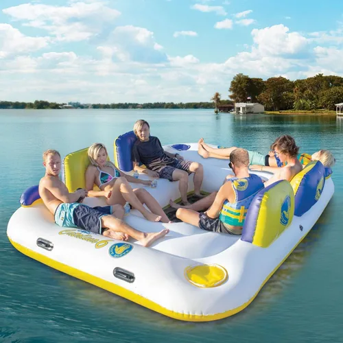 Vista 5 de Body Glove Catalina Island - Salón flotante inflable para seis personas con altavoz Bluetooth, 2 enfriadores y 6 soportes para bebidas, zona