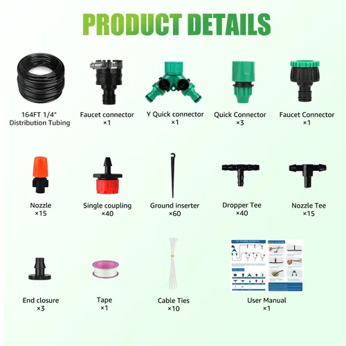 Vista 7 de Sistema de riego por goteo de 164 pies, sistema automático de riego de jardín de 192 piezas con rociador de boquilla de nebulización ajustable, tubo