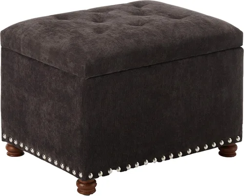Vista 11 de Adeco Otomana Almacenadora Colorida con Almacenamiento, Otomana de 53 cm de Lino con Reposapiés y Tapa con Bisagra con Patrón de Hojas Azules