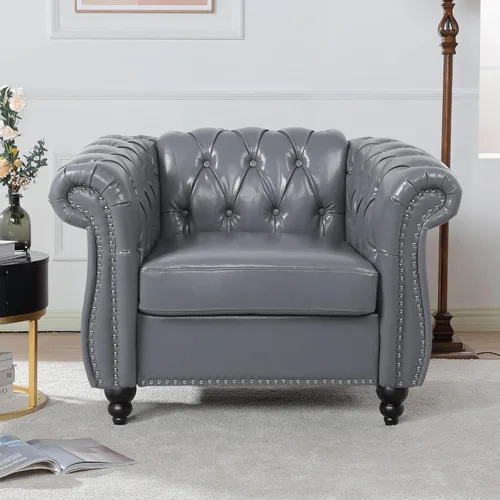 Vista 27 de LEVNARY Sillón Tapizado en Cuero, Silla Sofá Individual Estilo Mediados de Siglo Moderno con Brazos Curvos y Tachuelas, Silla Chesterfield de Cuero