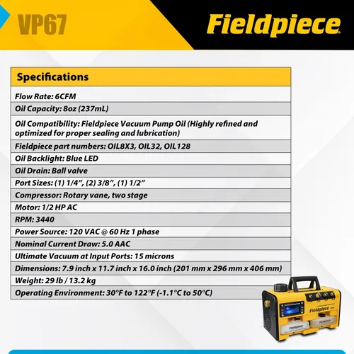 Vista 3 de Bomba de vacío Fieldpiece VP67 – 6 CFM, motor DC de 1/2 HP, sistema de cambio de aceite RunQuick – portátil - herramienta profesional HVAC