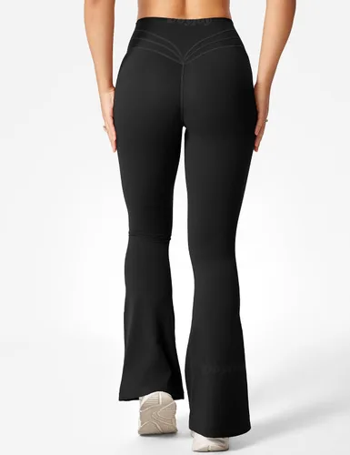 Vista 4 de VOYJOY Leggings acampanados para mujer, cintura alta, corte de bota, pantalones de yoga casuales, levantamiento de glúteos, leggings