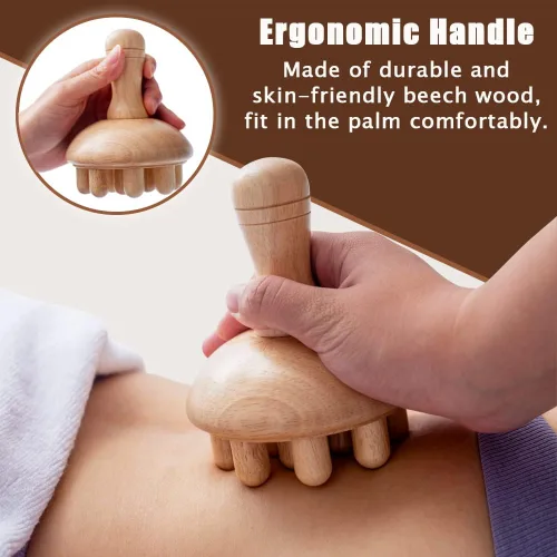 Vista 3 de Masajeador de madera con forma de hongo Herramienta de masaje manual de terapia de madera, anticelulitis, maderoterapia, drenaje linfático, alivio