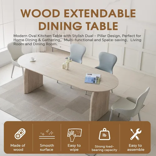 Vista 8 de Mesa de comedor ovalada extensible, mesa de cocina moderna de madera con parte superior de MDF y patas de pedestal dobles, mesa de 59.06 a 90.55