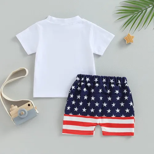 Vista 3 de Sprifallbaby Conjunto de pantalones cortos para fiesta del 4 de julio, para bebé, niño, manga corta, letras, para el Día de la Independencia