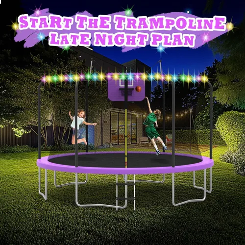 Vista 9 de 8FT 10FT 12FT 14FT Outdoor Trampoline with Basketball Hoop and LED Lights, ASTM Approved Recreational Trampolines for Kids and Adults with Net and