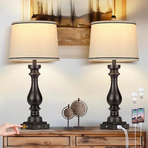 Vista 11 de Rinweey - Lámpara de mesa de granja de 29" para sala de estar, lámpara de mesita de noche vintage con puertos USB C+A y salida de AC, lámpara