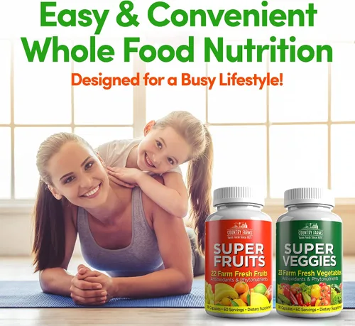 Vista 4 de Country Farms Suplemento de frutas y verduras, 180 cápsulas de frutas y 180 verduras, verduras y rojos llenos de superalimentos, potentes