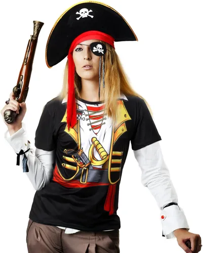 Vista 4 de Eurzom Conjunto de disfraz de pirata de 4 piezas, camisa de crucero caribeño, sombreros de pirata, bandana, parches para los ojos para Halloween