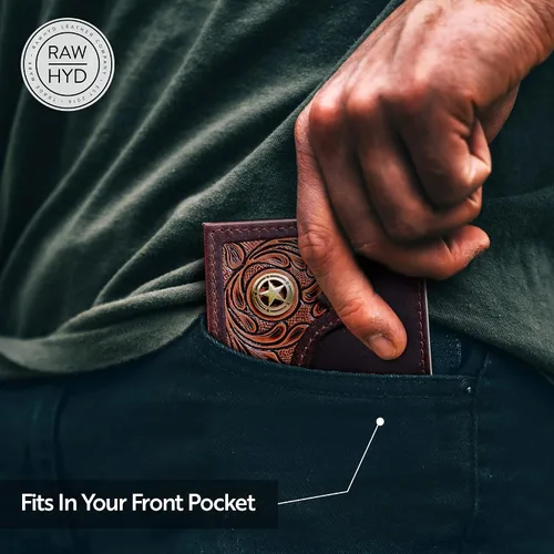 Vista 6 de RAW HYD Billeteras occidentales para hombre Cartera con bloqueo RFID Cartera occidental para hombre con concho Grano completo, carteras vaqueras