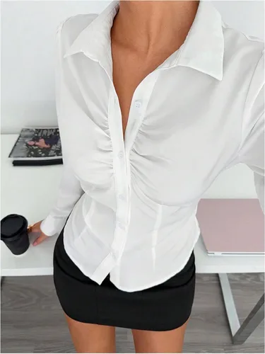 Vista 3 de GORGLITTER Blusa ajustada fruncida para mujer, de manga larga, con cuello, ajustada, para negocios, trabajo, casual, otoño, moda