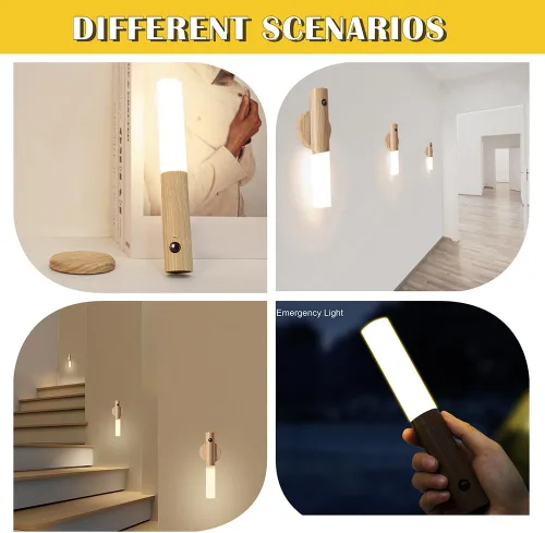 Vista 7 de LANDGOO Luces nocturnas con sensor de movimiento de madera, imán y sensor de cuerpo, luces nocturnas para pasillo, luz LED recargable, escalera