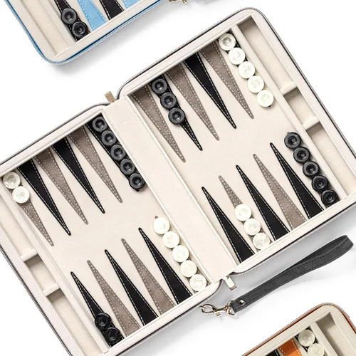 Vista 7 de Juegos de backgammon para adultos y niños, tablero clásico de backgammon con dados de damas únicos, funda plegable de cuero sintético para Negro