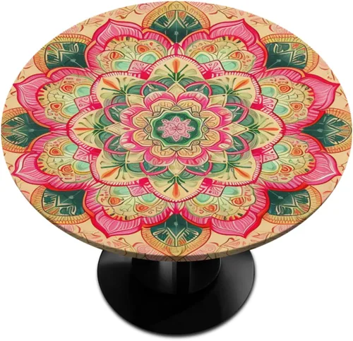 Vista 32 de Pardick Mantel redondo ajustable con diseño de flores color verde azulado, con diseño de mandala, con elástico, impermeable, lavable