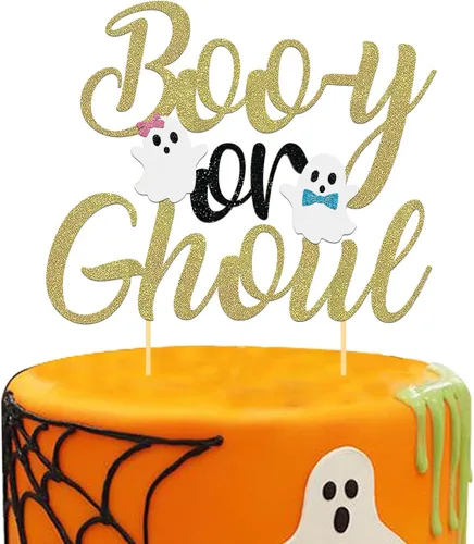 Vista 19 de 24 piezas de adornos de Halloween para cupcakes fantasmas, palillos de revelación de género para niños y niñas, adornos para tartas rosas y azules