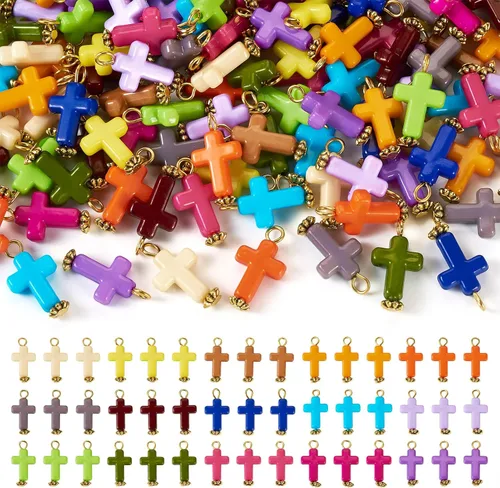 Vista 8 de Dijes de cruz para pulseras, colgantes de cruz de colores, dijes colgantes de cruz de religión para llavero de Pascua, manualidades, collares