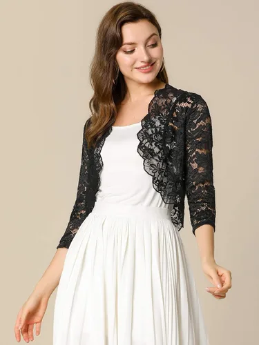 Vista 2 de Allegra K - Chaquetilla elegante para mujer de encaje floral traslúcido y manga 34