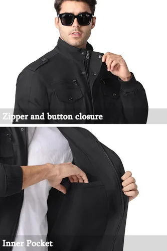 Vista 4 de MAGNIVIT Chaqueta cortavientos militar ligera para hombre con cuello parado, cierre frontal, 7 bolsillos - Algodón Negro