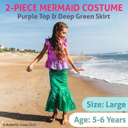 Vista 2 de Butterfly Craze Disfraz de sirena para niña pequeña, parte superiorvestido con falda, perfecto para fiestas de cumpleaños, Halloween, ferias