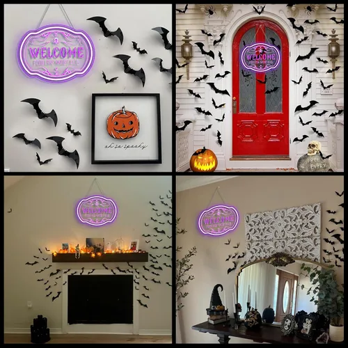 Vista 4 de Horseneon Letrero de neón de Navidad con texto en inglés "Welcome Foolish Mortals", mansión embrujada, decoración de pared LED para puerta, Mab